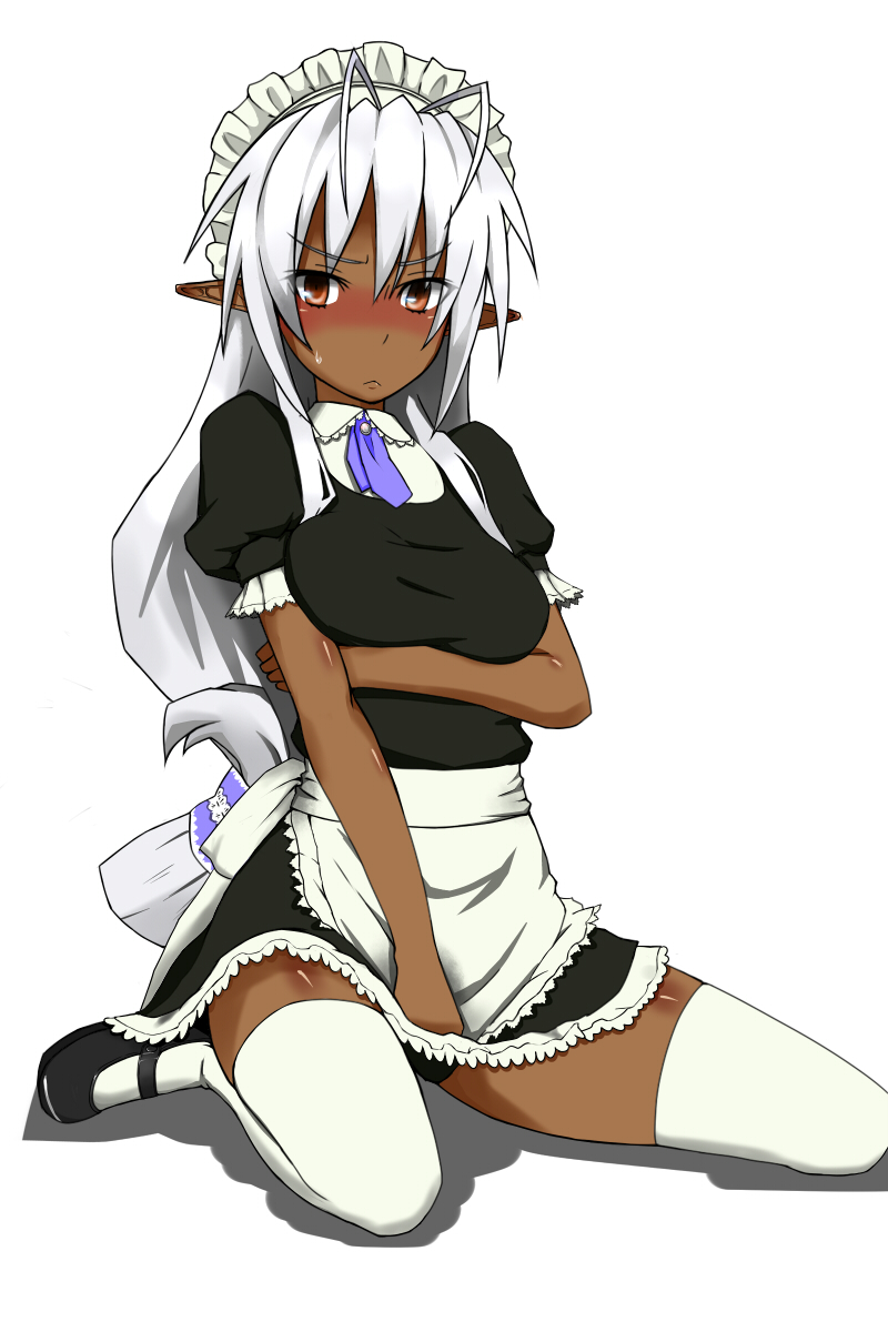 apron, blush, breast_hold, breasts, character_request, dark_elf, dark_skin, elf