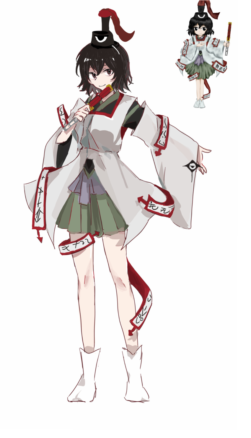1other, absurdres, androgynous, bare_legs, black_eyes, black_hair, black_hat, black_kimono, cainikeng51018, closed_mouth, detached_sleeves, eye_of_senri, full_body, game_screenshot_inset, green_hakama, hair_between_eyes, hairband, hakama, hakama_short_skirt, hakama_skirt, hat, hat_ribbon, highres, holding_rod, japanese_clothes, jinbei_(clothes), kariginu, kimono, layered_sleeves, len'en, long_sleeves, looking_at_viewer, object_to_chin, ofuda, ofuda_on_clothes, other_focus, red_ribbon, reference_inset, ribbon, senri_tsurubami, short_hair, short_kimono, simple_background, skirt, sleeves_past_wrists, smile, socks, solo, standing, tabi, tachi-e, tate_eboshi, white_background, white_hairband, white_sleeves, white_socks, wide_sleeves
