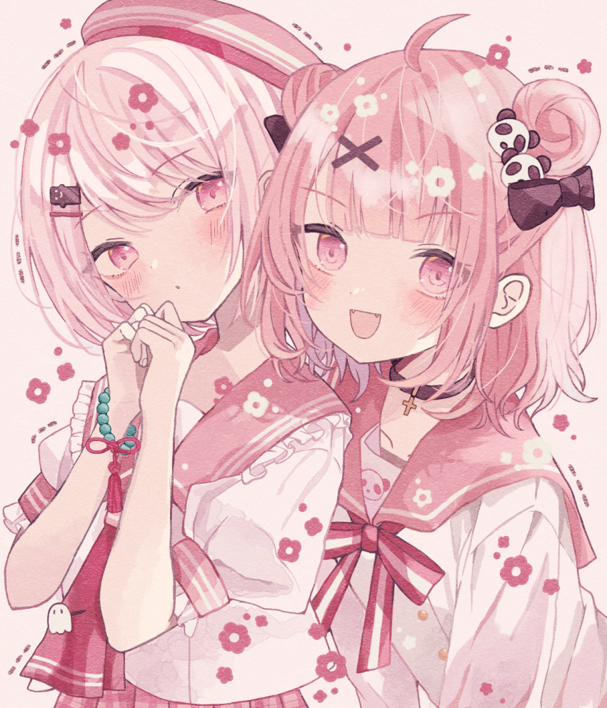 2girls, ahoge, blush, bow, bracelet, commentary_request, double_bun, fang