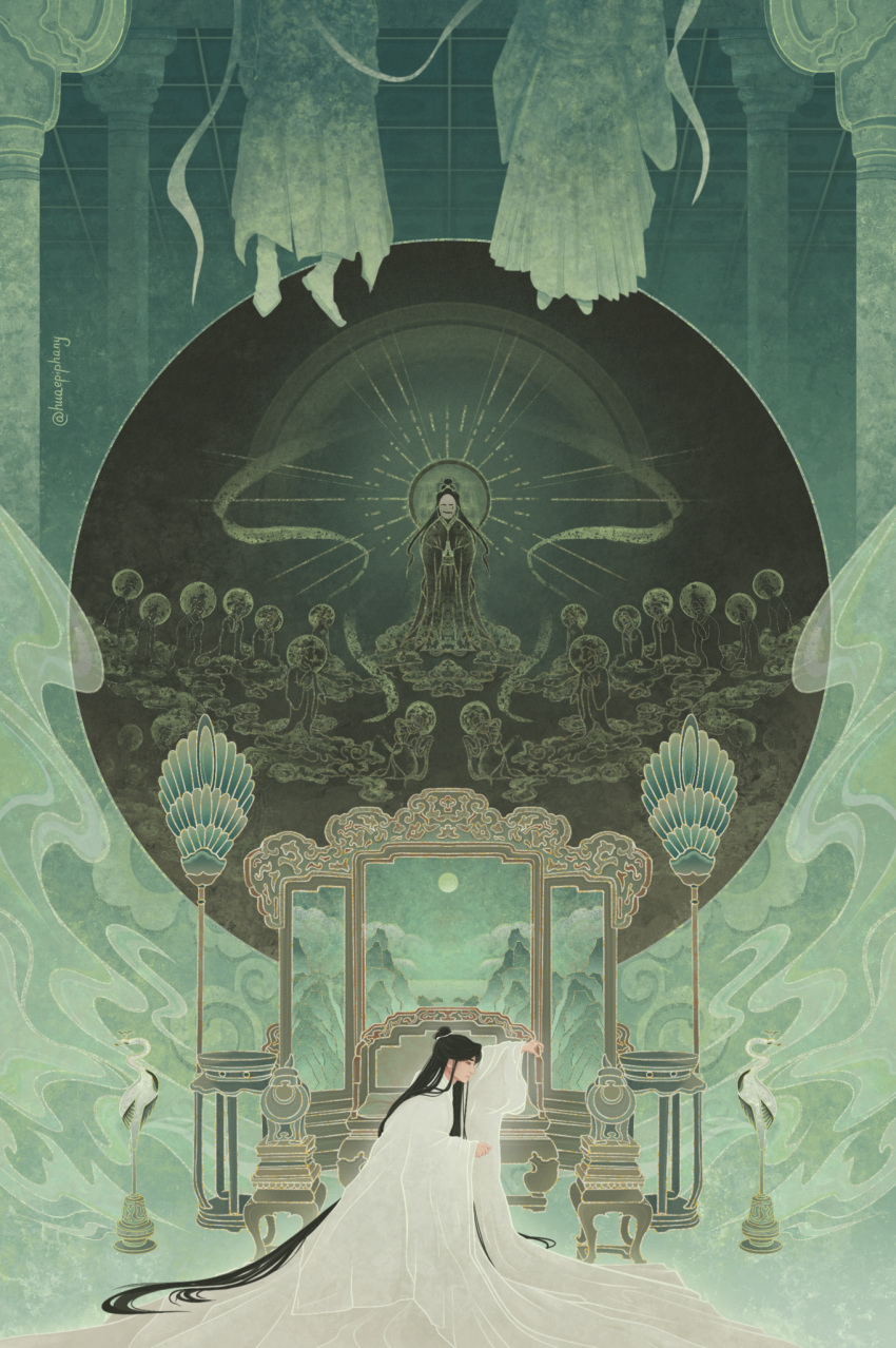 arm_up, bai_wuxiang, bird, black_hair, chinese_clothes, circle, colored_smoke, commentary, crane_(animal), english_commentary, green_sky, green_theme, hair_bun, halo, hand_up, hanfu, hanged, highres, huaepiphany, indoors, inset, jun_wu, leaning_to_the_side, long_hair, mask, monochrome, moon, mountain, on_floor, people, pillar, ribbon, signature, single_hair_bun, sitting, sky, smoke, spoilers, suicide, symmetry, table, tianguan_cifu, vanity_table, very_long_hair, white_hanfu, white_mask, white_ribbon, xie_lian