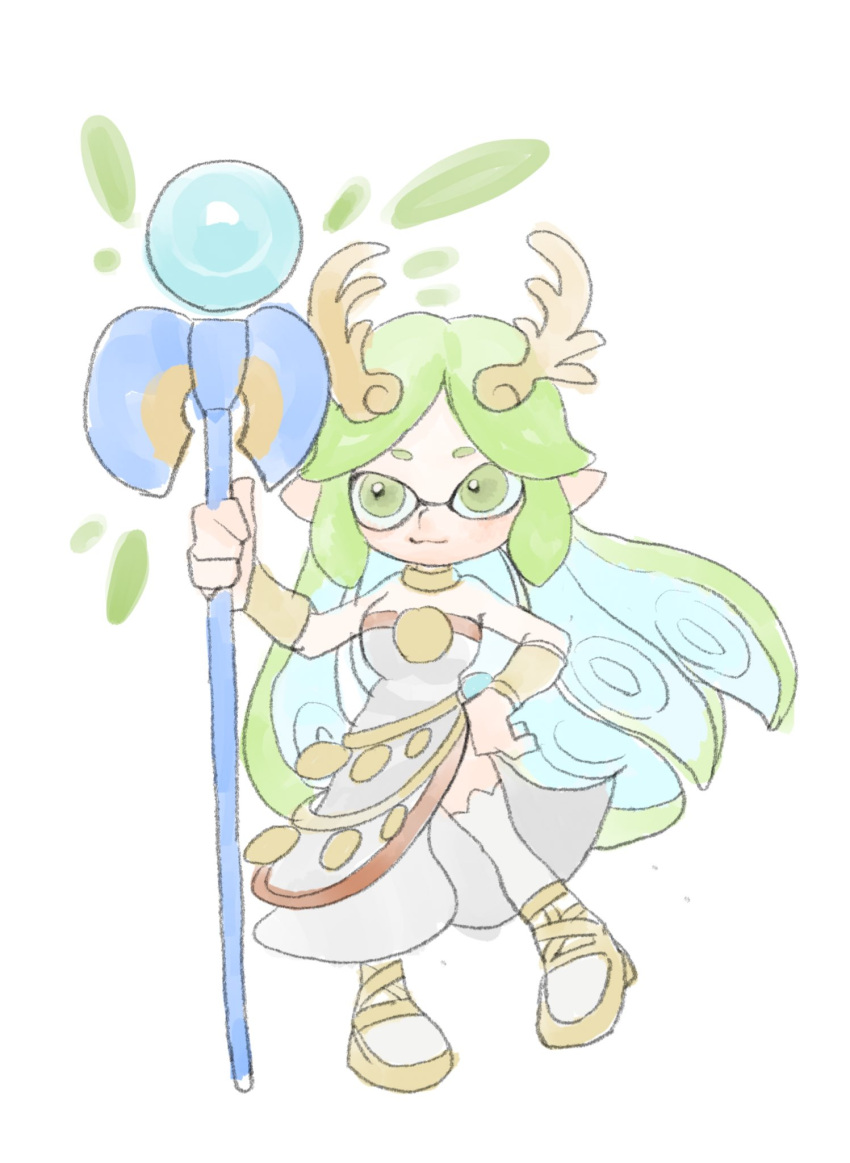 1girl, full_body, green_eyes, green_hair, hand_on_own_hip, highres, holding, holding_staff