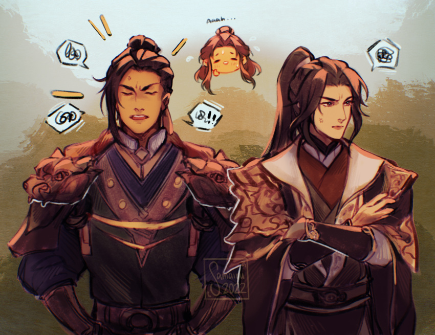 3boys, abstract_background, anger_vein, armor, artist_name, belt, black_hair, bracer