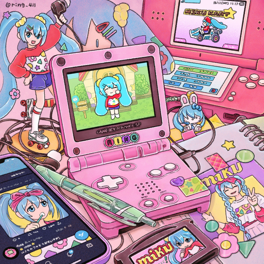 animal_crossing, cellphone, character_charm, charm_(object), commentary, cosplay, earphones, figure, game_boy_advance_sp, game_cartridge, handheld_game_console, hatsune_miku, hatsune_miku_(cosplay), hello_kitty, hello_kitty_(character), highres, iphone, mario_kart, mario_kart_ds, nintendo, nintendo_ds, no_humans, notebook, object_focus, otaku_room, pen, phone, procreate_(medium), ring_411, roller_skates, sanrio, skates, smartphone, still_life, super_mario_bros., twitter, vocaloid