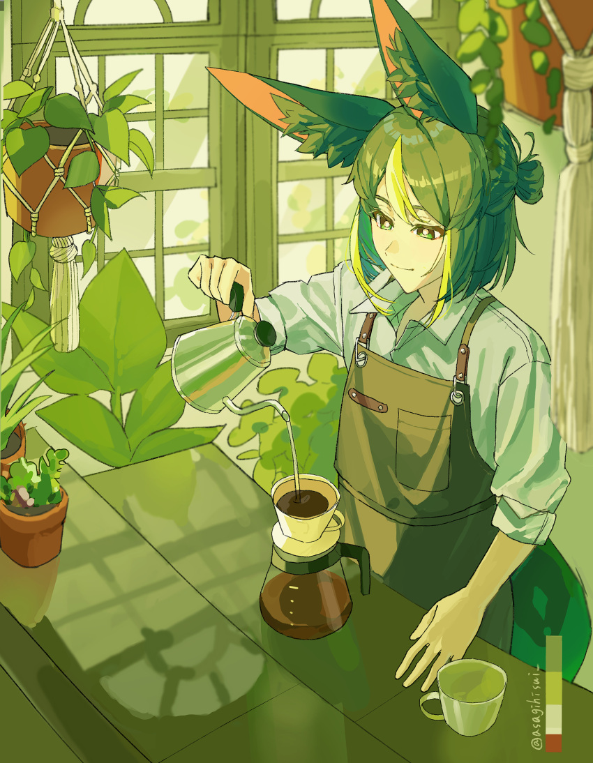 1boy, absurdres, alternate_costume, animal_ears, apron, asagihisui, barista, black_hair