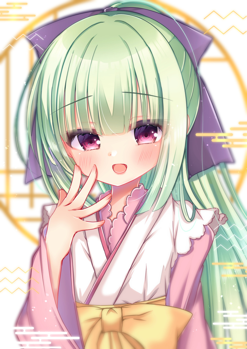 1girl, :d, absurdres, arm_at_side, blunt_bangs, blunt_ends, blush, bow