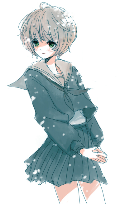 green_eyes, grey_hair, hands_together, looking_away, micho_n, original, school_uniform, shade