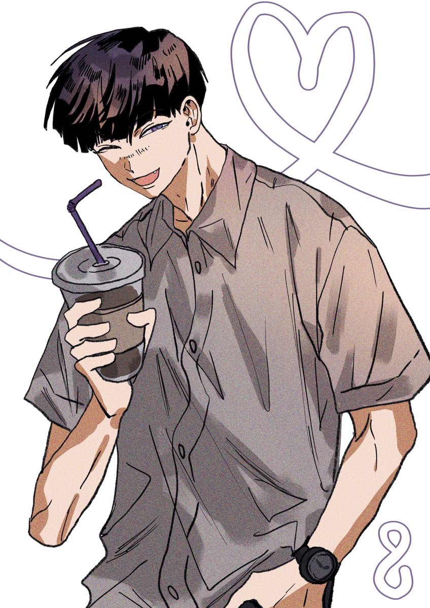 1boy, black_hair, buttons, collared_shirt, commentary, cowboy_shot, cup, disposable_cup