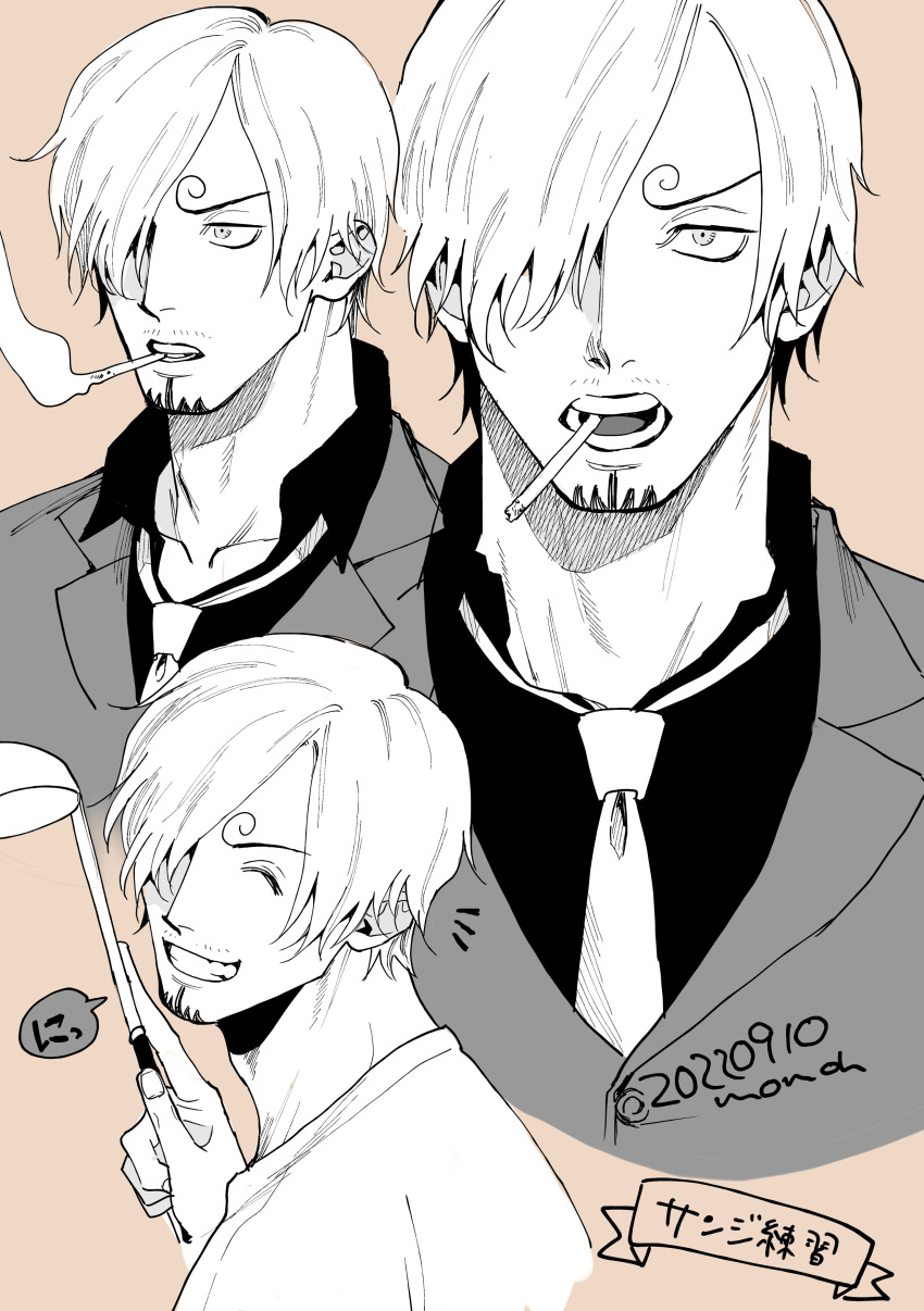 1boy, absurdres, black_shirt, brown_background, cigarette, curly_eyebrows, dated, greyscale_with_colored_background