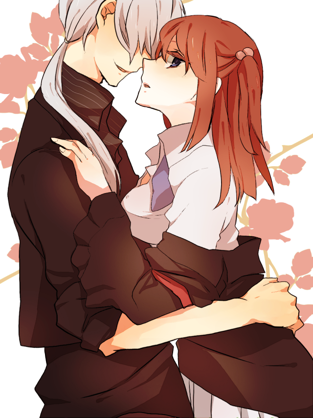 1girl, a229, amakusa_juuza, bad_id, blue_eyes, couple, hair_bobbles, hair_ornament, hair_over_eyes, hug, jacket, long_hair, ponytail, profile, red_hair, redhead, silver_hair, smile, twintails, umineko_no_naku_koro_ni, ushiromiya_ange