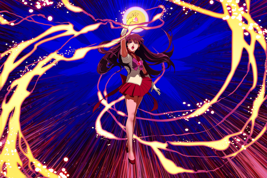 arm_up, attack, bishoujo_senshi_sailor_moon, blue_background, elbow_gloves, fire, gloves, gustav_klimt