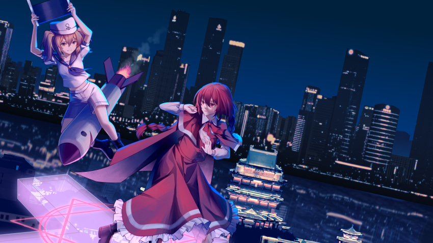 2girls, absurdres, anchor_symbol, blonde_hair, blue_sailor_collar, bow, braid, cape