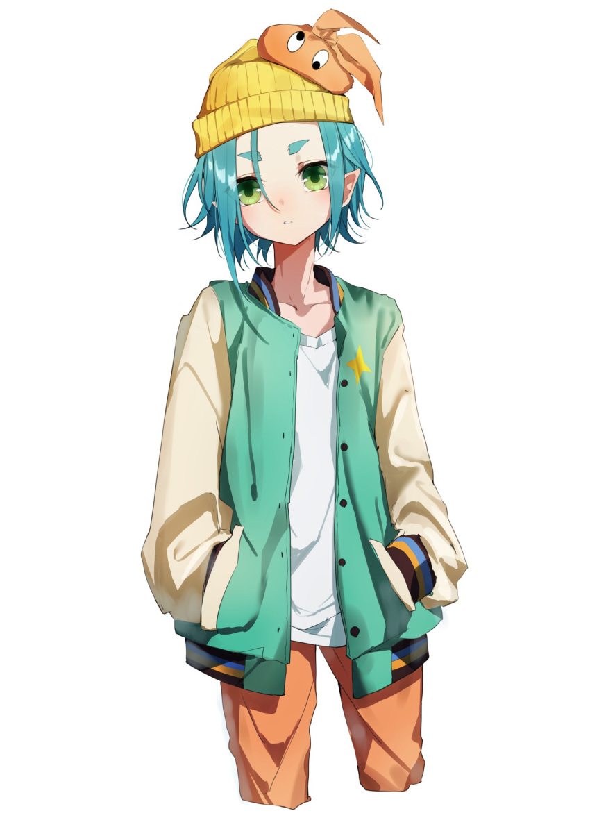 1girl, aqua_hair, aqua_jacket, collarbone, cowboy_shot, cropped_legs, expressionless, googly_eyes