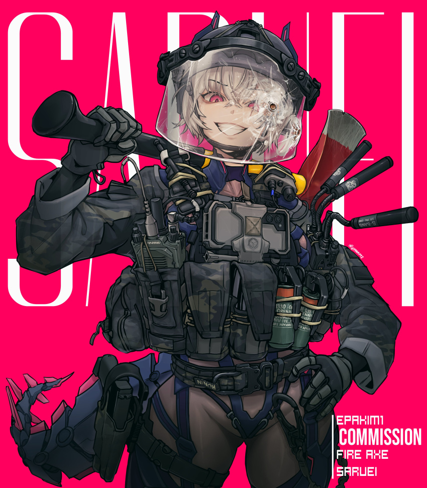absurdres, axe, bodysuit, bullet, bulletproof_vest, cellphone, english_text, epakim