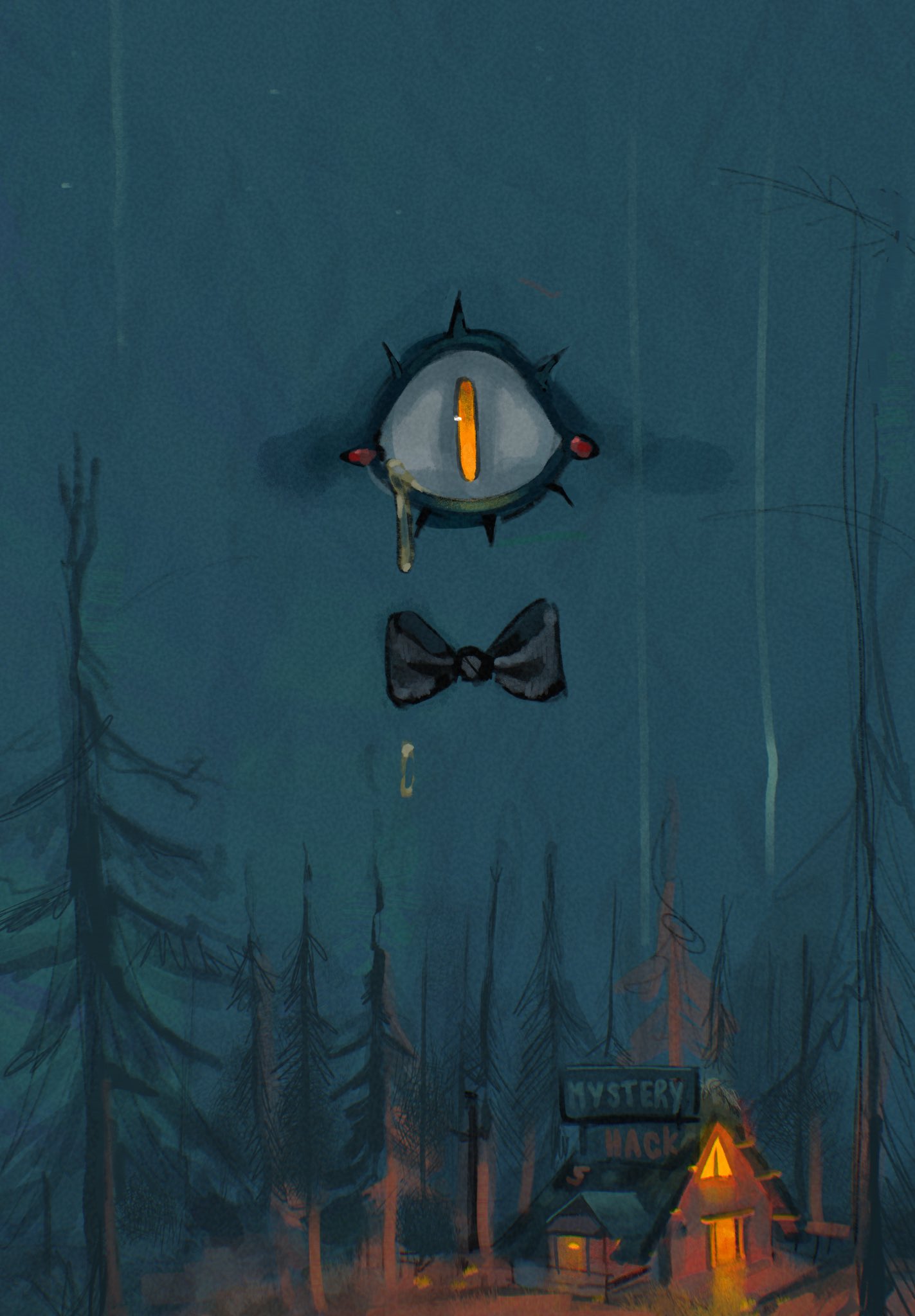 bill_cipher, black_bow, black_bowtie, blue_sky, bow, bowtie, commentary, cover, cover_page, crying, crying_with_eyes_open, english_commentary, english_text, forest, gravity_falls, halooh, highres, house, in-universe_location, looking_at_viewer, nature, night, no_humans, one-eyed, outdoors, parody, sign, sky, tears, the_great_gatsby, tree, yellow_eyes