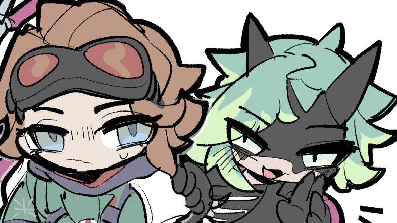 2girls, alter_(apex_legends), animification, apex_legends, black_gloves, black_sclera, blue_eyes, brown_hair