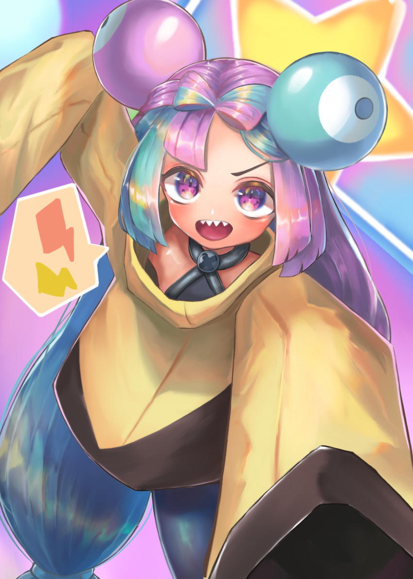 1girl, :d, arm_up, black_jacket, blue_hair, bow-shaped_hair, character_hair_ornament, grey_pantyhose