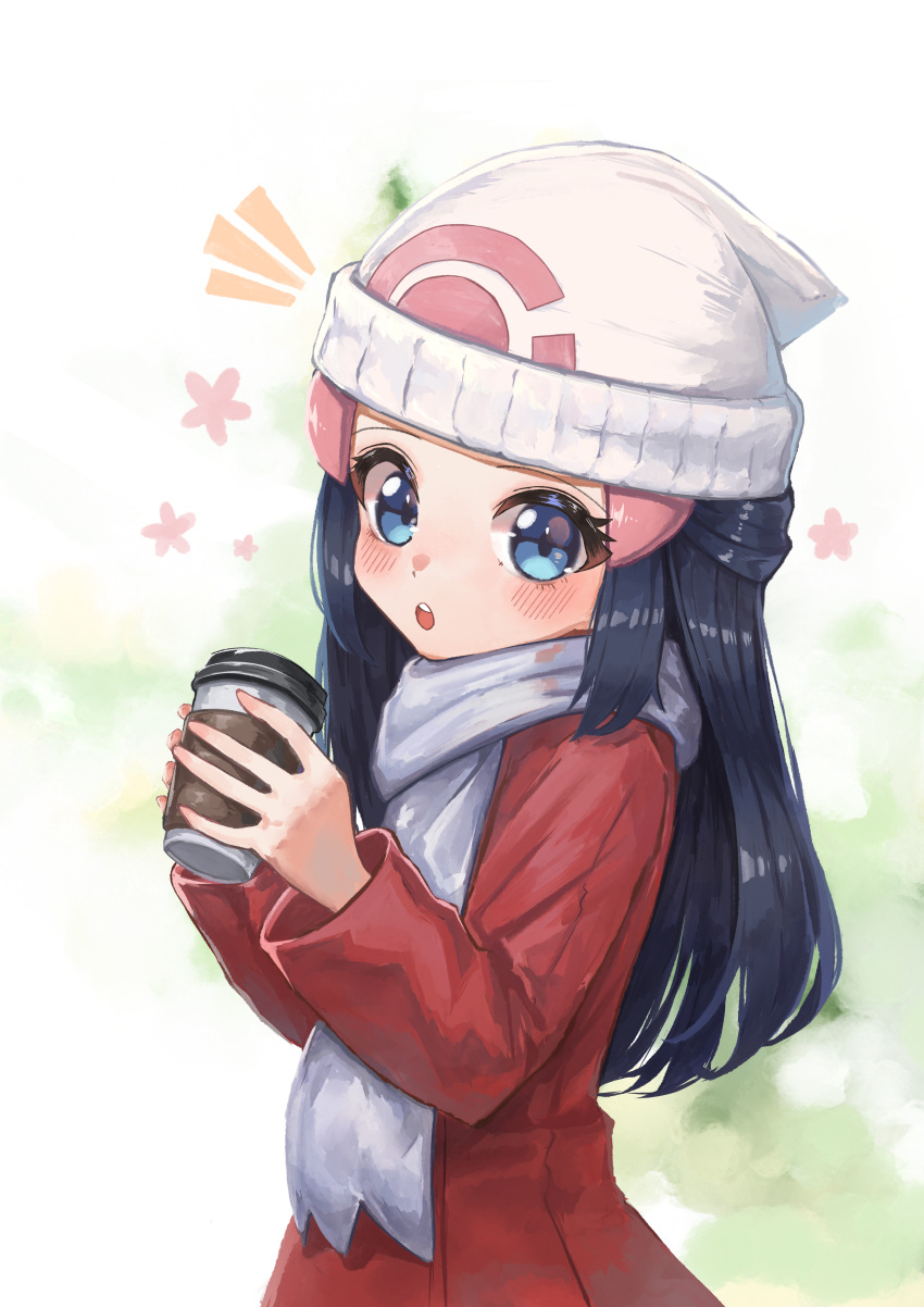 1girl, :o, absurdres, beanie, blue_eyes, blue_hair, blush, coat