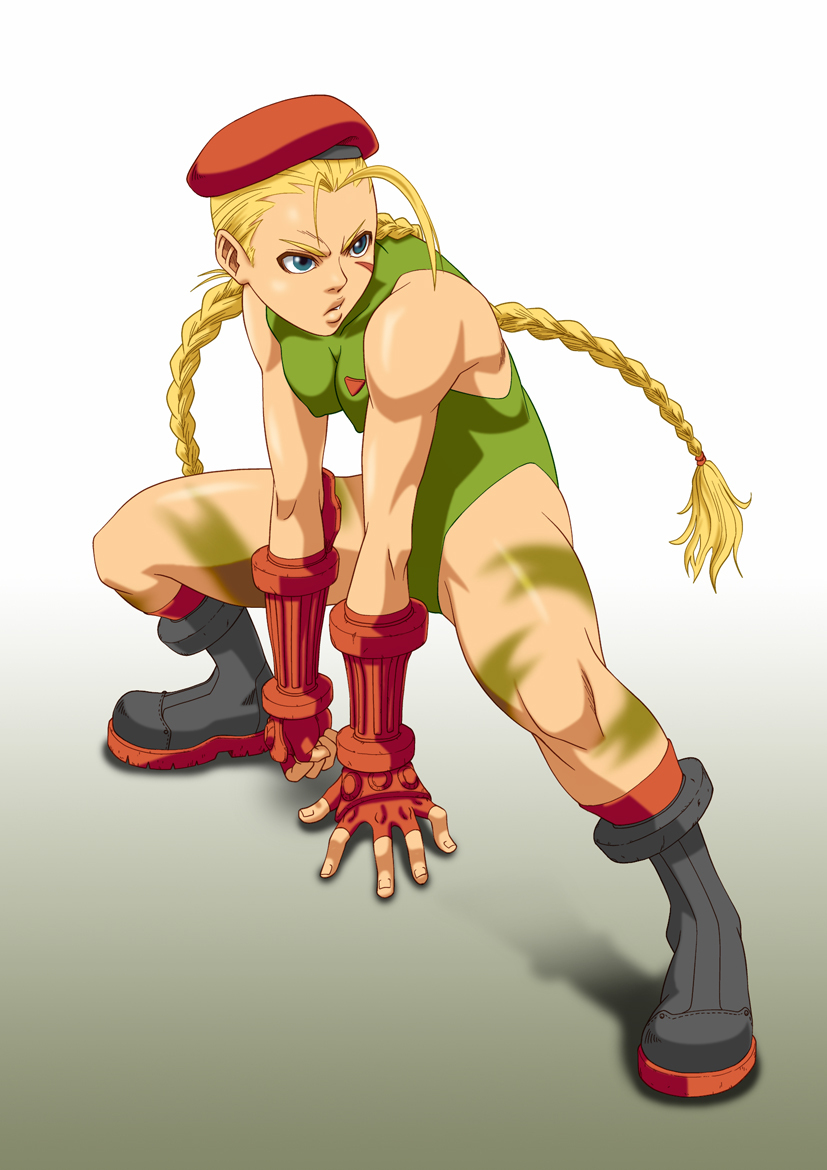 beret, blonde_hair, blue_eyes, bodypaint, boots, bouzu_oyaji, braid, cammy_white