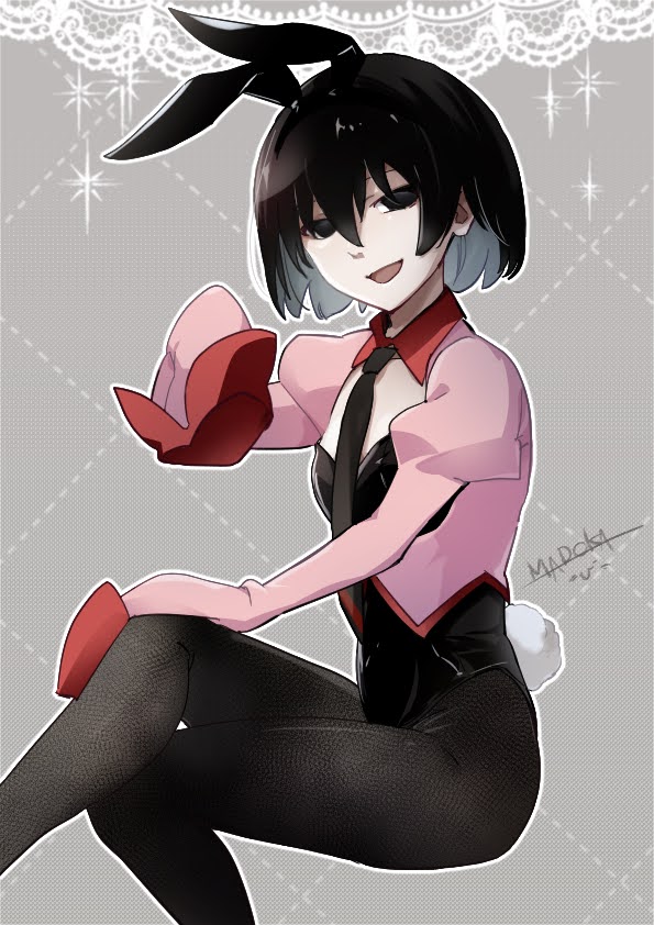 1girl, :d, adapted_costume, animal_ear_hairband, animal_ears, artist_name, black_eyes, black_hair