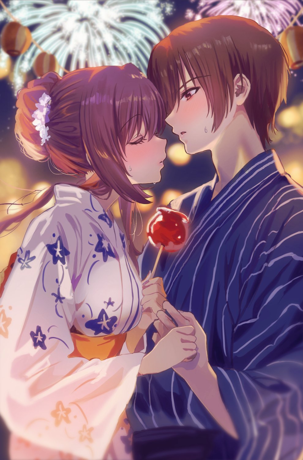1boy, 1girl, a-chan_(little_busters!), aerial_fireworks, alternate_costume, alternate_hairstyle, blue_kimono, blush, brown_eyes, brown_hair, candy_apple, clenched_hand, closed_eyes, commentary_request, couple, eyelashes, facing_another, festival, fireworks, floral_print_kimono, flower, food, from_side, hair_between_eyes, hair_bun, hair_flower, hair_ornament, hetero, highres, holding, holding_food, imminent_kiss, japanese_clothes, kimono, lantern, lips, little_busters!, long_hair, long_sleeves, looking_at_another, miiizuno_lbs, natsume_kyousuke, night, open_mouth, outdoors, paper_lantern, parted_lips, profile, short_hair, sidelocks, single_hair_bun, striped_clothes, striped_kimono, sweat, tsurime, upper_body, vertical-striped_clothes, vertical-striped_kimono, white_flower, white_kimono, wide_sleeves, yukata