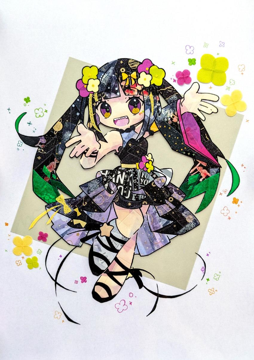 1girl, :d, absurdres, arm_up, belt, black_hair, blunt_bangs, deformed