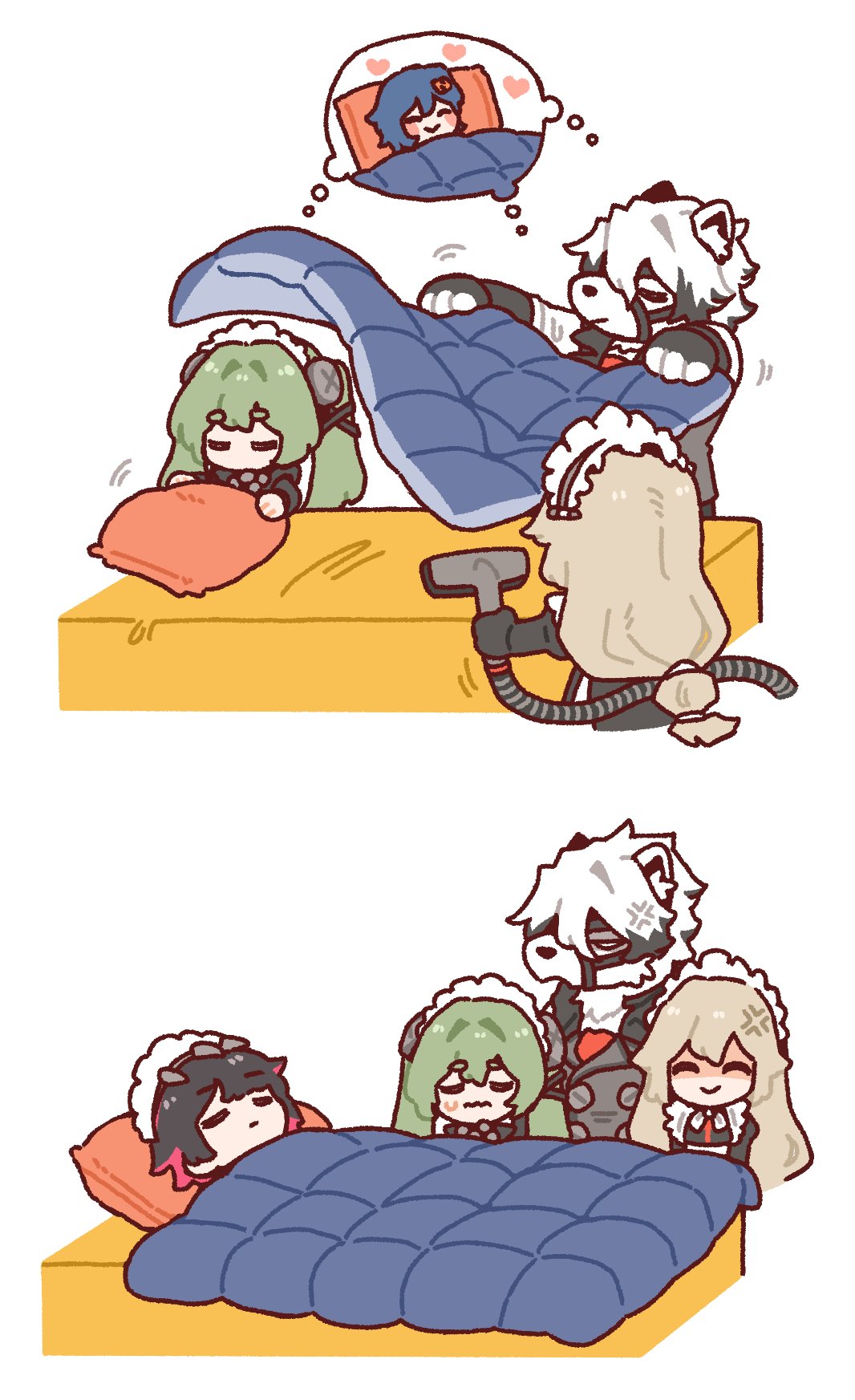 1boy, 4girls, alexandrina_sebastiane, anger_vein, bed, belle_(zenless_zone_zero), black_hair, blanket