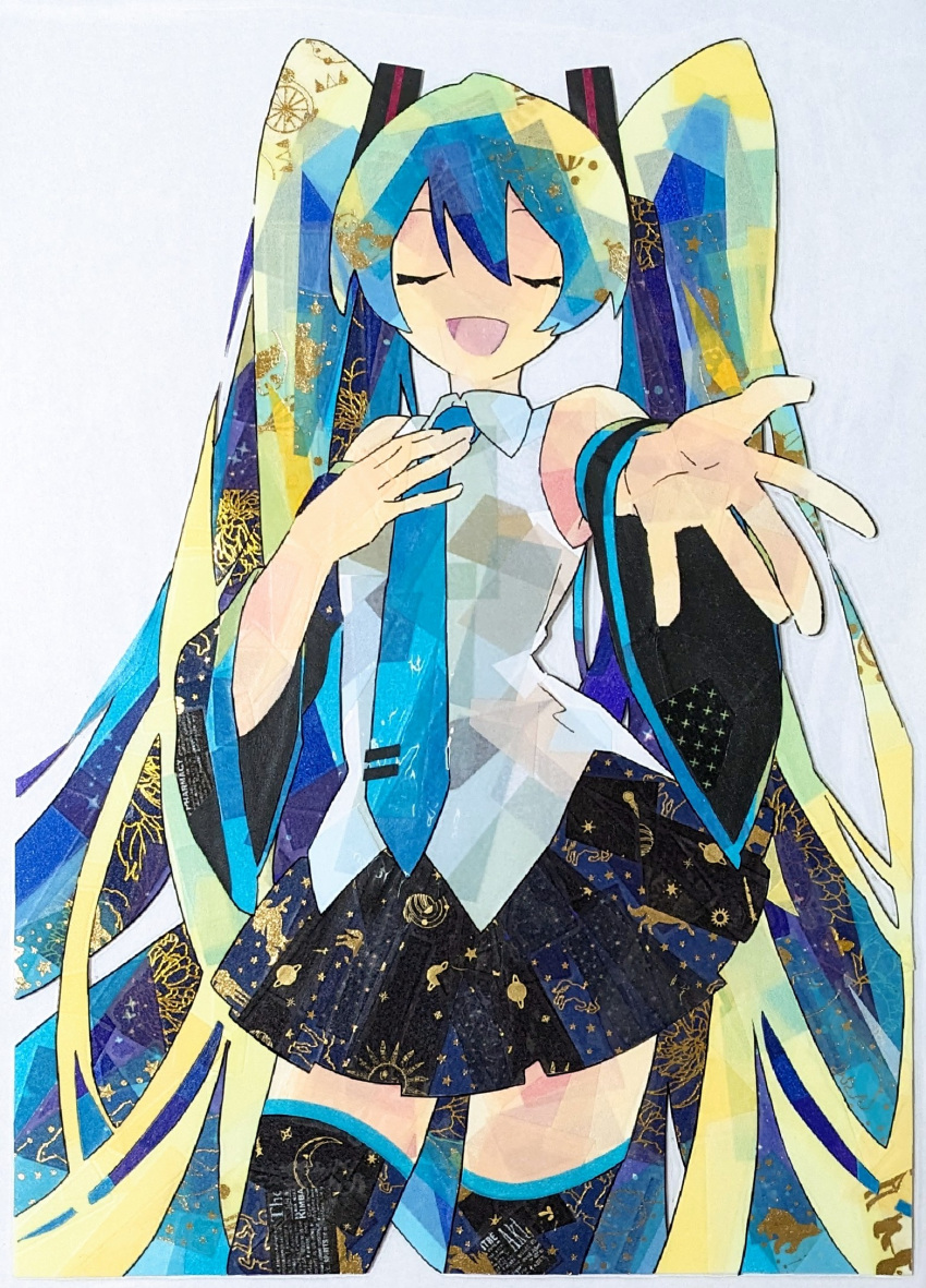 1girl, :d, absurdly_long_hair, black_thighhighs, border, breasts, closed_eyes, color_contrast, contrapposto, cowboy_shot, detached_sleeves, double-parted_bangs, hand_on_own_chest, hatsune_miku, highres, long_hair, masking_tape_(medium), necktie, no_nose, open_hand, open_mouth, reaching_towards_another, shirt, simple_background, skirt, small_breasts, smile, solo, split_mouth, tako_to_tori, thigh-highs, tongue, twintails, u_u, unconventional_media, very_long_hair, vocaloid, white_background, white_border
