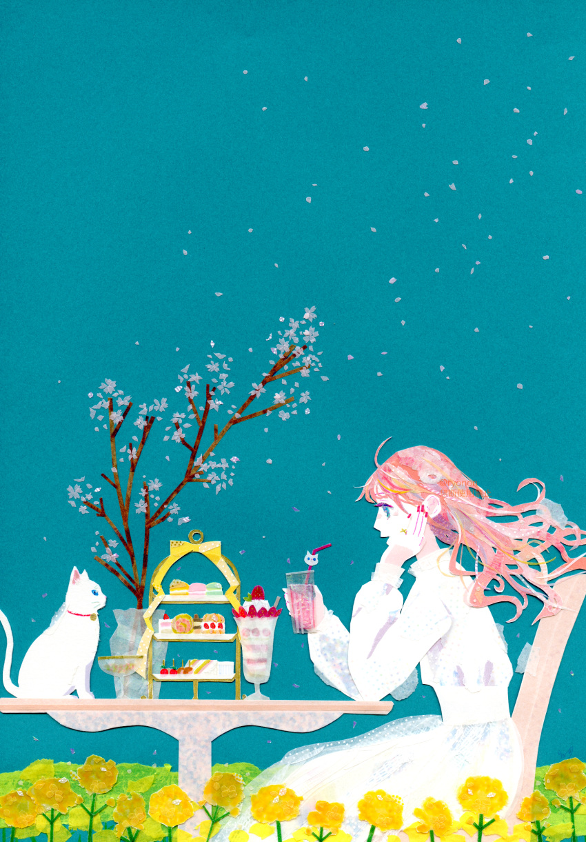1girl, absurdres, against_table, ahoge, animal, blue_eyes, blue_sky, cake
