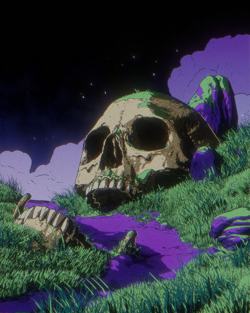bone, calder_moore, chromatic_aberration, film_grain, grass, highres, jawbone, moss