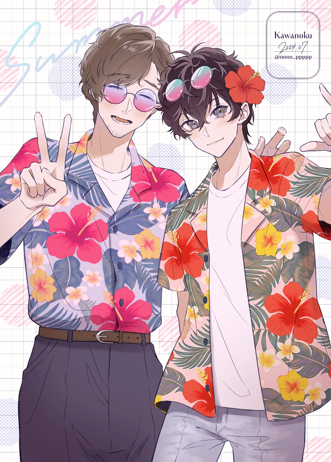2boys, \m/, alternate_eyewear, amamiya_ren, belt, black_hair, black_pants, blue-tinted_eyewear