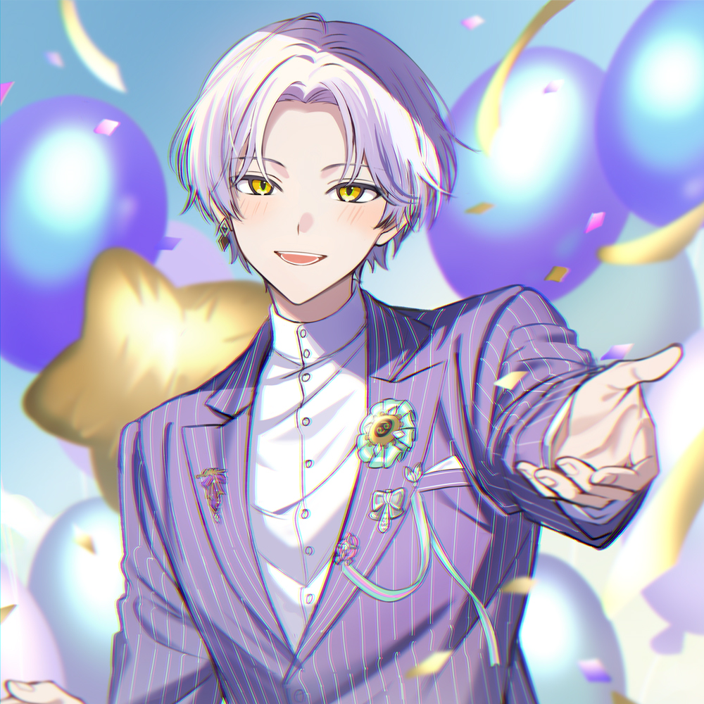 18trip, 1boy, balloon, blush, buttons, collared_shirt, commentary, confetti, dress_shirt, ear_piercing, earrings, hand_out_of_frame, hashtag-only_commentary, jacket, jewelry, kn_(akairo0530), lapel_pin, lapels, layered_sleeves, looking_at_viewer, male_focus, oguro_kafka, open_mouth, outstretched_arm, piercing, purple_jacket, reaching, reaching_towards_viewer, ribbon, shirt, single_earring, smile, solo, star_balloon, straight-on, striped_clothes, striped_suit, suit, suit_jacket, teeth, tongue, undershirt, upper_body, vertical-striped_clothes, white_hair, yellow_eyes, yellow_ribbon