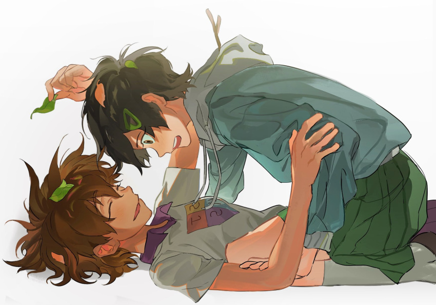 2girls, ^_^, amphibia, anne_boonchuy, black_hair, breasts, brown_eyes, brown_hair, closed_eyes, collared_shirt, dark-skinned_female, dark_skin, from_side, full_body, green_skirt, grey_shirt, hair_ornament, hairclip, highres, hood, hoodie, jocy3, leaf, leaf_on_head, light_blush, long_sleeves, looking_at_another, lying, marcy_wu, medium_breasts, mirrored_text, multiple_girls, on_back, open_mouth, parted_lips, pleated_skirt, purple_skirt, school_uniform, shirt, short_hair, sjms_school_uniform, skirt, smile, socks, teeth, upper_teeth_only, white_background, yuri