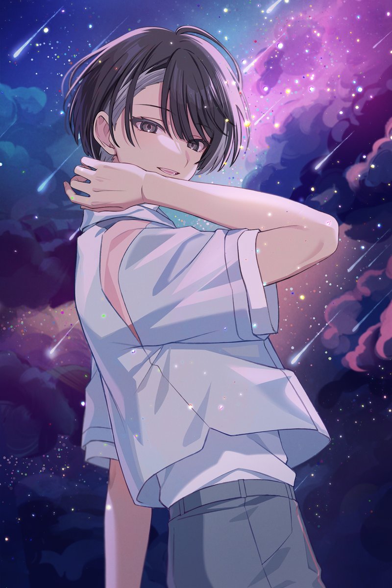18trip, 1boy, bishounen, black_hair, clouds, collared_shirt, commentary, cowboy_shot