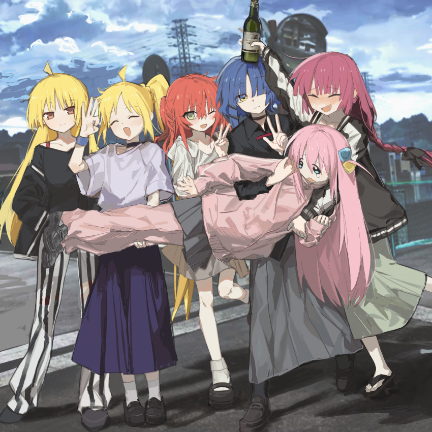 6+girls, ^_^, ahoge, black_bow, black_choker, black_footwear, black_jacket, black_pantyhose, black_shirt, blonde_hair, blue_eyes, blue_hair, blue_skirt, blue_sky, blunt_bangs, blush, bocchi_the_rock!, bottle, bottle_on_head, bow, bra_strap, braid, brown_eyes, brown_skirt, chain-link_fence, chinese_commentary, choker, city, closed_eyes, closed_mouth, clouds, cloudy_sky, collarbone, collared_shirt, commentary_request, cube_hair_ornament, day, dot_nose, drunk, eyelashes, fang, fence, forest, full_body, gotoh_hitori, green_eyes, green_skirt, grey_skirt, hair_between_eyes, hair_bow, hair_ornament, hand_in_pocket, happy, highres, hiroi_kikuri, holding, holding_bottle, ijichi_nijika, ijichi_seika, jacket, jacket_partially_removed, jersey, kita_ikuyo, lifting_person, loafers, long_hair, long_skirt, long_sleeves, low_twin_braids, mary_janes, medium_skirt, mian_le_laoda, miniskirt, multiple_girls, nature, nervous, ok_sign, one_eye_closed, one_side_up, open_clothes, open_jacket, open_mouth, outdoors, pants, pantyhose, parted_bangs, pink_hair, pink_jacket, pink_pants, pleated_skirt, ponytail_with_braided_base, purple_hair, redhead, road, sandals, shadow, shirt, shoes, short_sleeves, side_ponytail, skirt, sky, sleeves_past_wrists, smile, socks, standing, straight_hair, street, striped_clothes, striped_pants, t-shirt, tearing_up, track_jacket, turtleneck, turtleneck_jacket, twin_braids, two-tone_sleeves, v, vertical-striped_clothes, vertical-striped_pants, very_long_hair, wavy_mouth, white_pants, white_shirt, white_sleeves, white_socks, wine_bottle, yamada_ryo, yellow_eyes, zipper_pull_tab