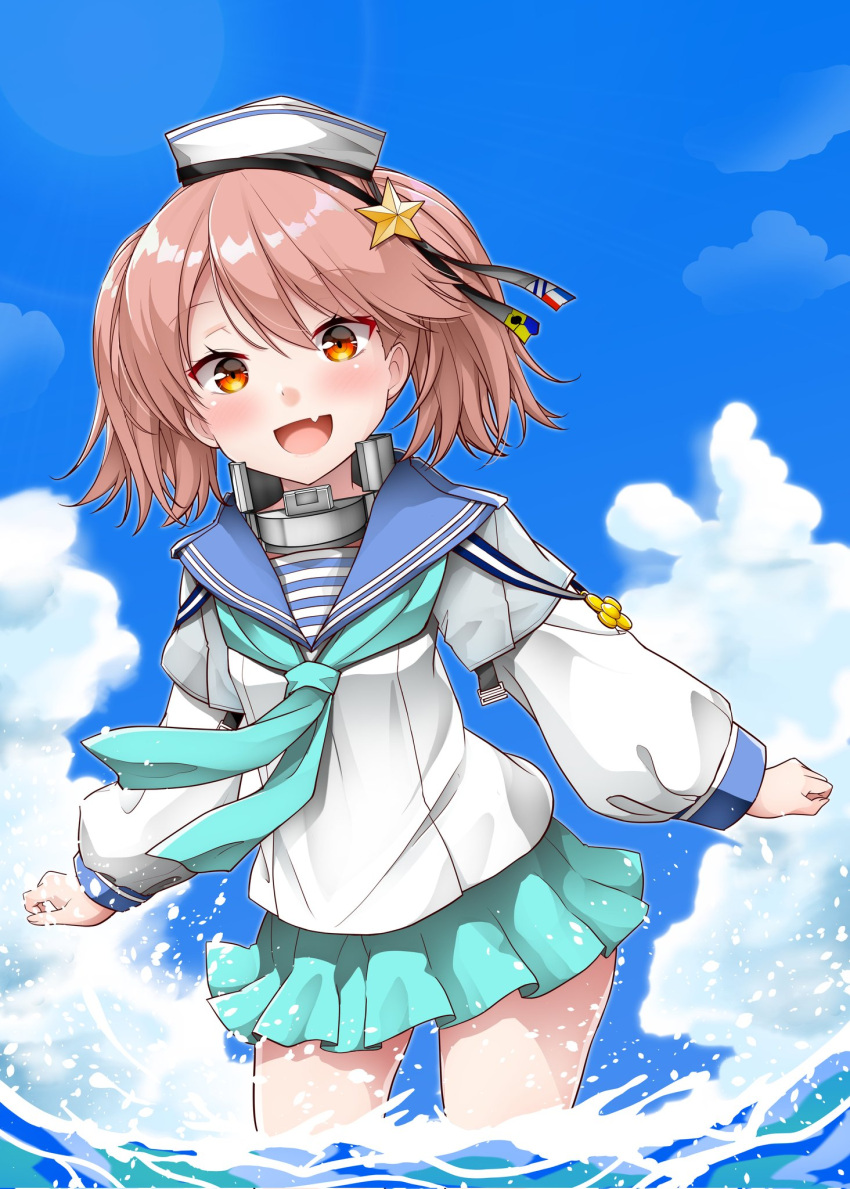 1girl, alternate_costume, aqua_neckerchief, aqua_skirt, black_ribbon, blue_sailor_collar, brown_eyes, brown_hair