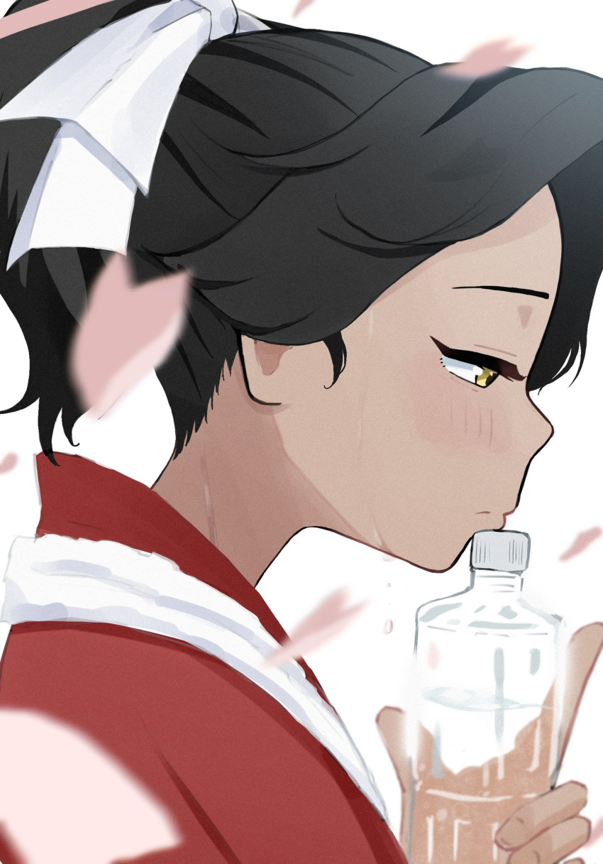 1girl, black_hair, blue_archive, bottle, cherry_blossoms, dark-skinned_female, dark_skin, eyelashes, happi, highres, holding, holding_bottle, japanese_clothes, nicora, ponytail, profile, rickshaw_student_(blue_archive), simple_background, sweat, water_bottle, white_background, yellow_eyes
