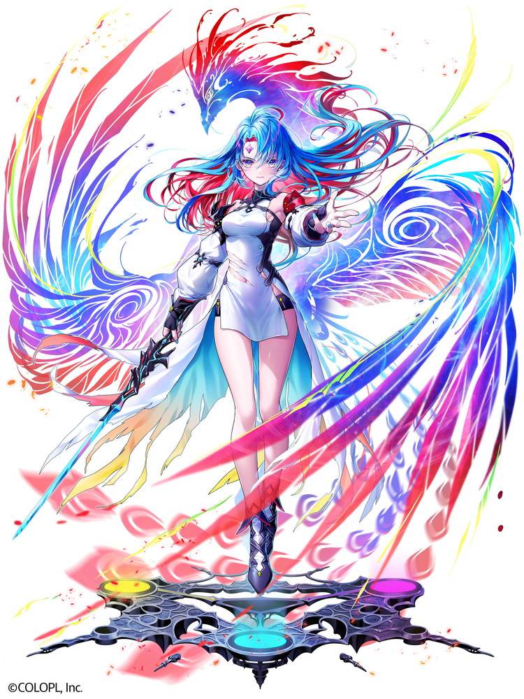 1girl, bird, blue_hair, colored_inner_hair, detached_sleeves, forehead_jewel, full_body, holding