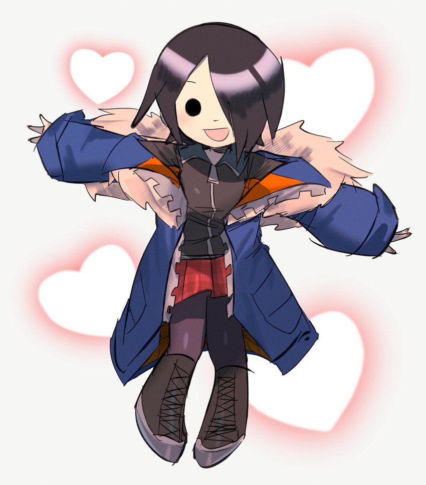 1girl, :d, black_eyes, black_footwear, black_hair, blue_jacket, boots, breasts