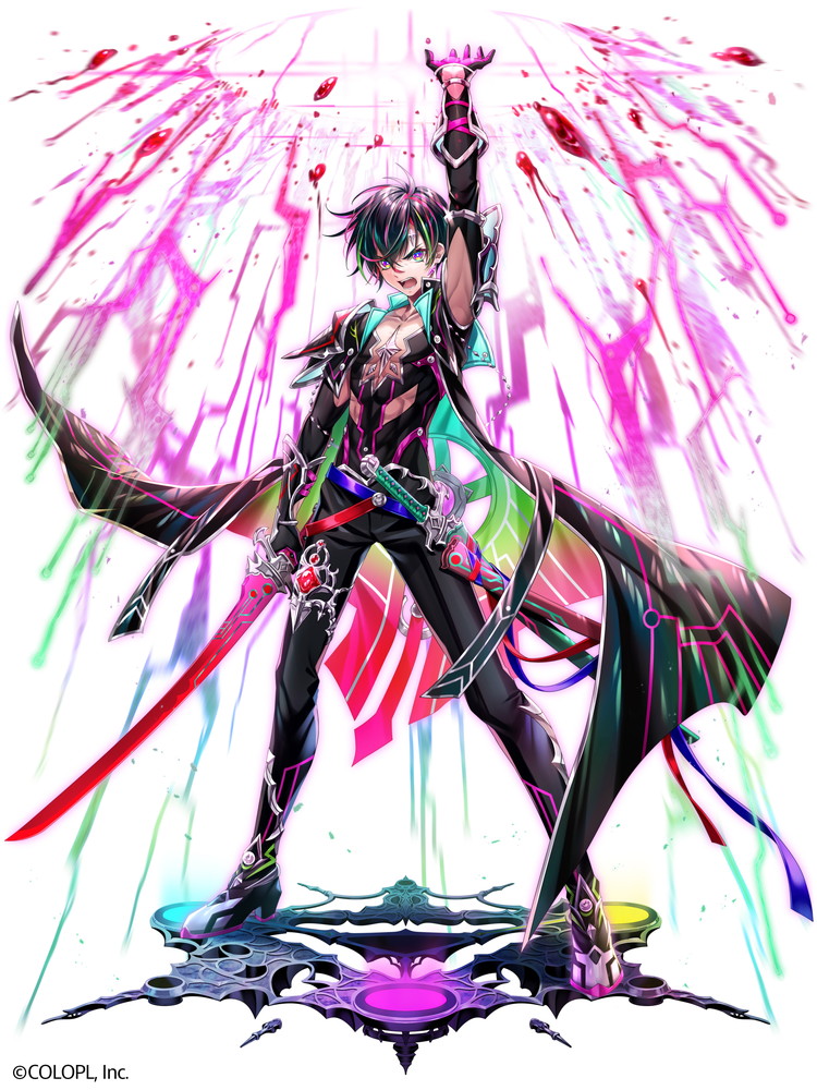 1boy, alta_(shironeko_project), belt, black_coat, black_hair, black_pants, coat, full_body, hand_up, holding, holding_sword, holding_weapon, kiba_tori, multicolored_hair, official_art, open_mouth, pants, scabbard, sheath, shironeko_project, short_hair, solo, sword, weapon