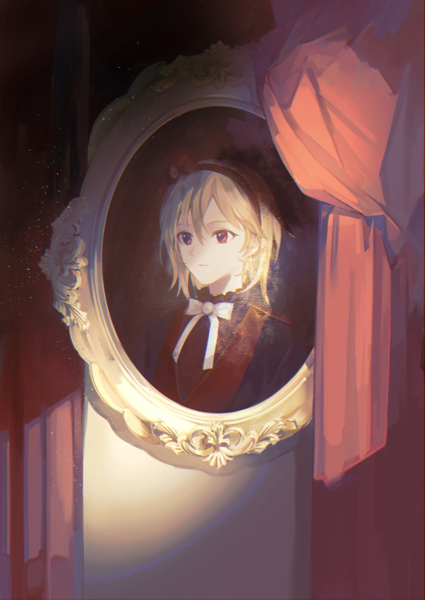 crack_of_light, curtains, do3738, ensemble_stars!, highres, indoors, light_particles, male_focus, nito_nazuna, nito_nazuna_(valkyrie), no_humans, picture_frame, portrait_(object), red_curtains, still_life, sunlight