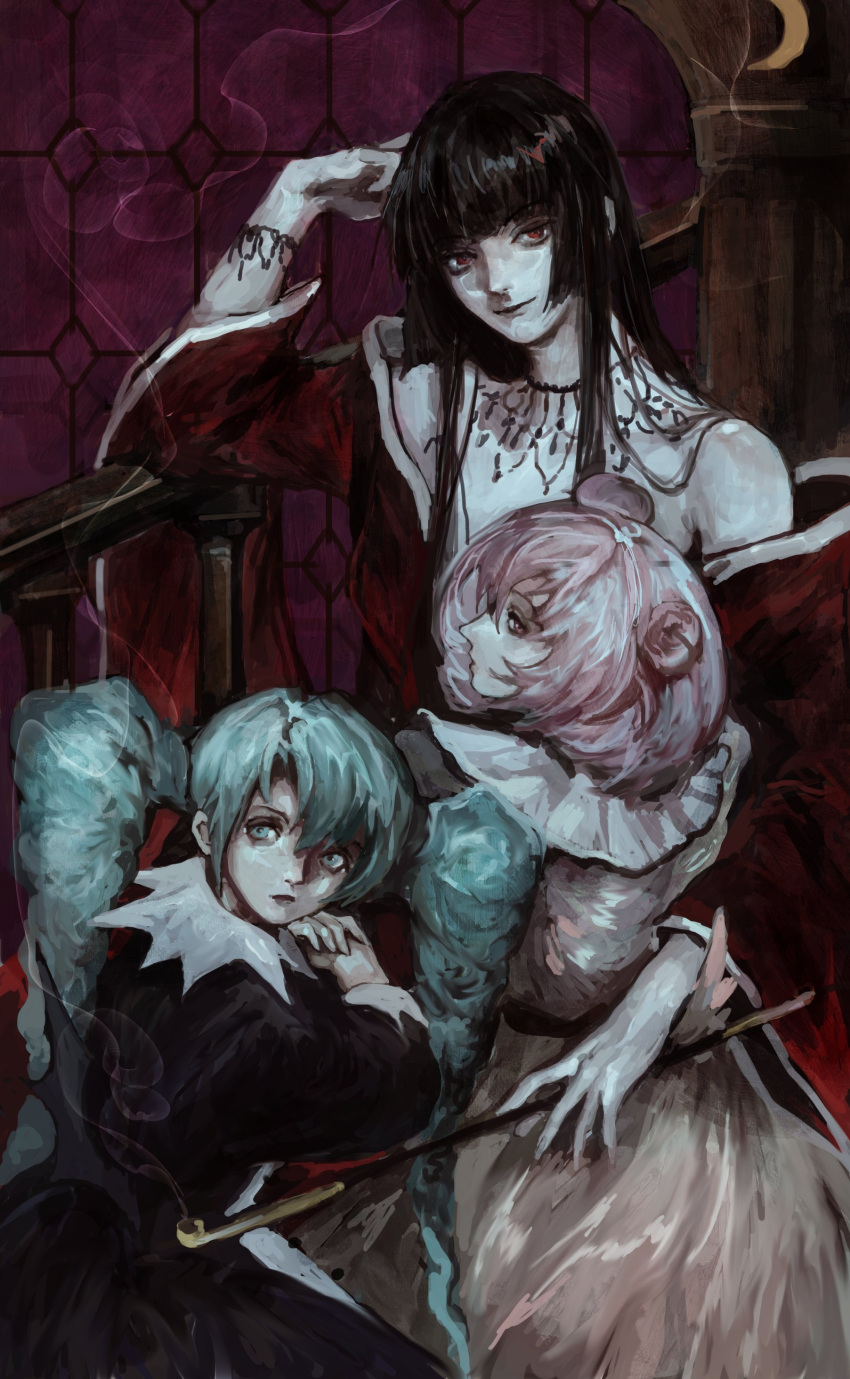 3girls, absurdres, black_dress, black_hair, blue_hair, collar, dress, frilled_collar