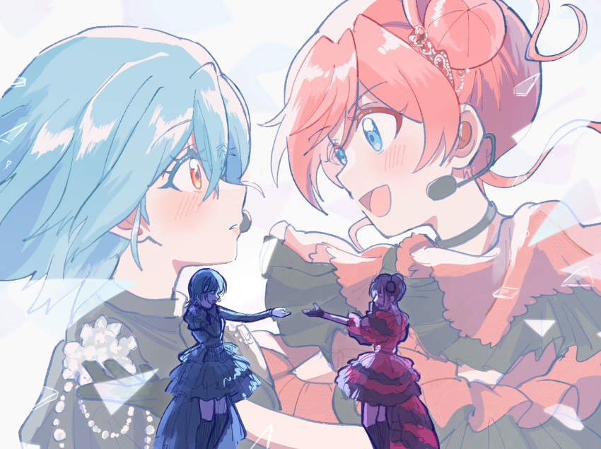 2girls, :d, akane_gokoro, black_dress, blue_background, blue_eyes, blue_hair, blush