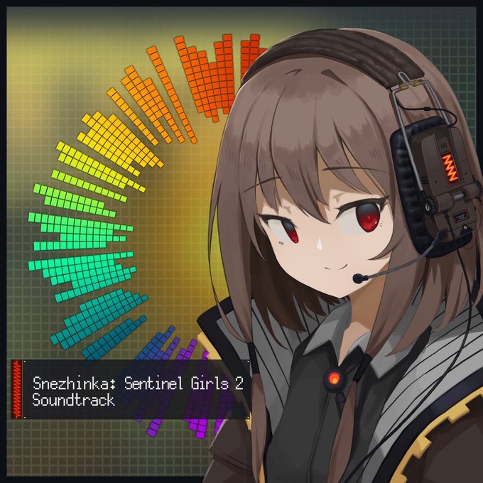 1girl, blush, breasts, brown_hair, closed_mouth, commentary_request, english_text, hair_between_eyes, hair_ornament, headphones, hin'yari_(kakukuru), jacket, marfusha, official_art, original, portrait, red_eyes, simple_background, small_breasts, smile, snezhinka_(marfusha), solo