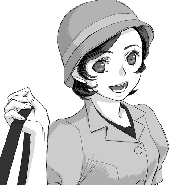 bad_id, cloche_hat, devil_summoner, flapper_girl, hat, monochrome, short_hair, smile
