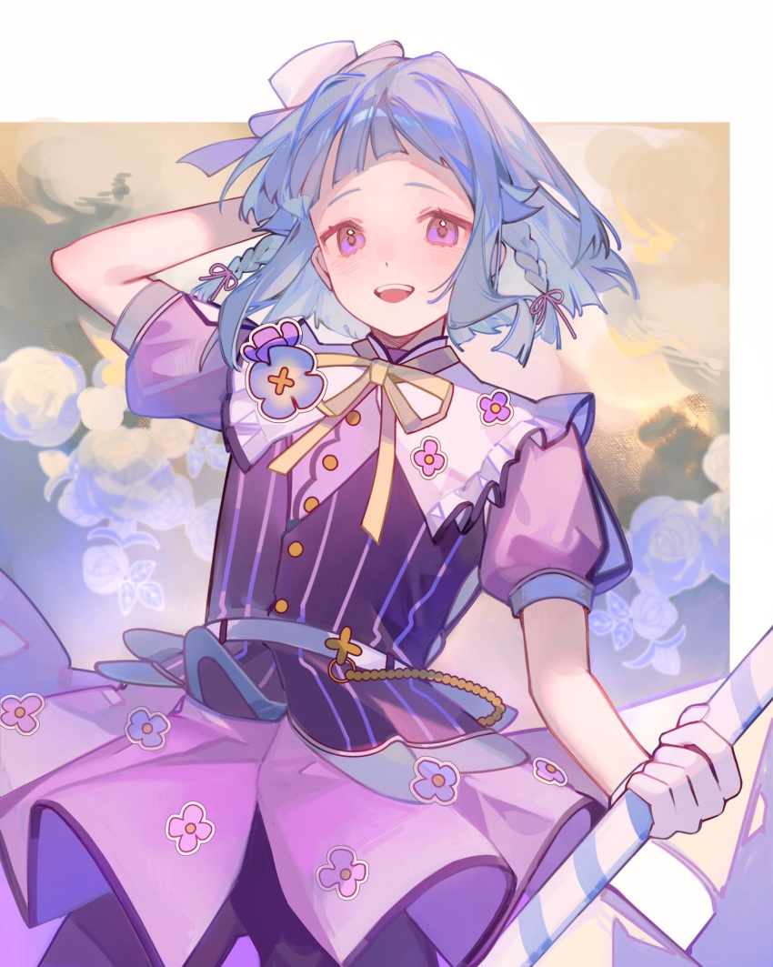 1boy, :d, arched_bangs, arm_at_side, arm_behind_head, black_vest, blue_hair, border