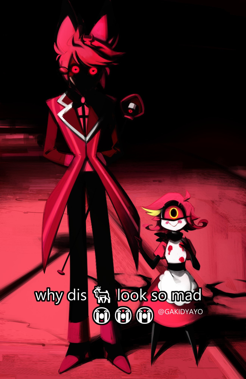 1boy, 1girl, alastor_(hazbin_hotel), arms_behind_back, cane, colored_sclera, derivative_work, dress