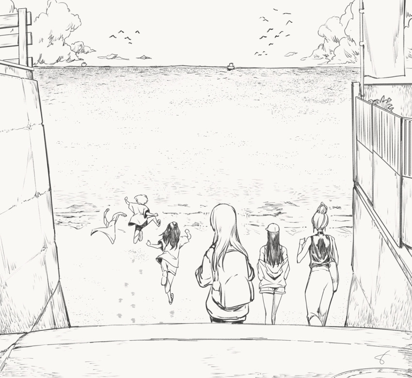 5girls, backpack, bag, banner, baseball_cap, beach, cei_(sohin), clouds