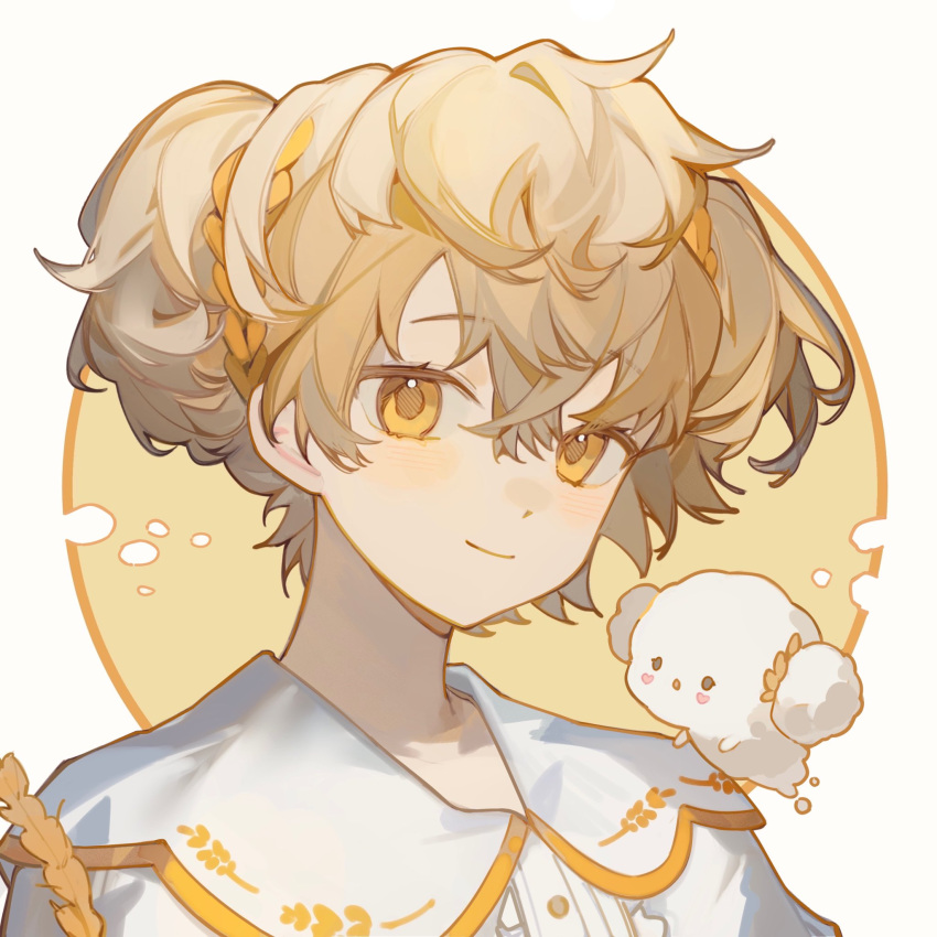 1boy, androgynous, blonde_hair, border, cogimyun, dress_shirt, fragaria_memories, highres