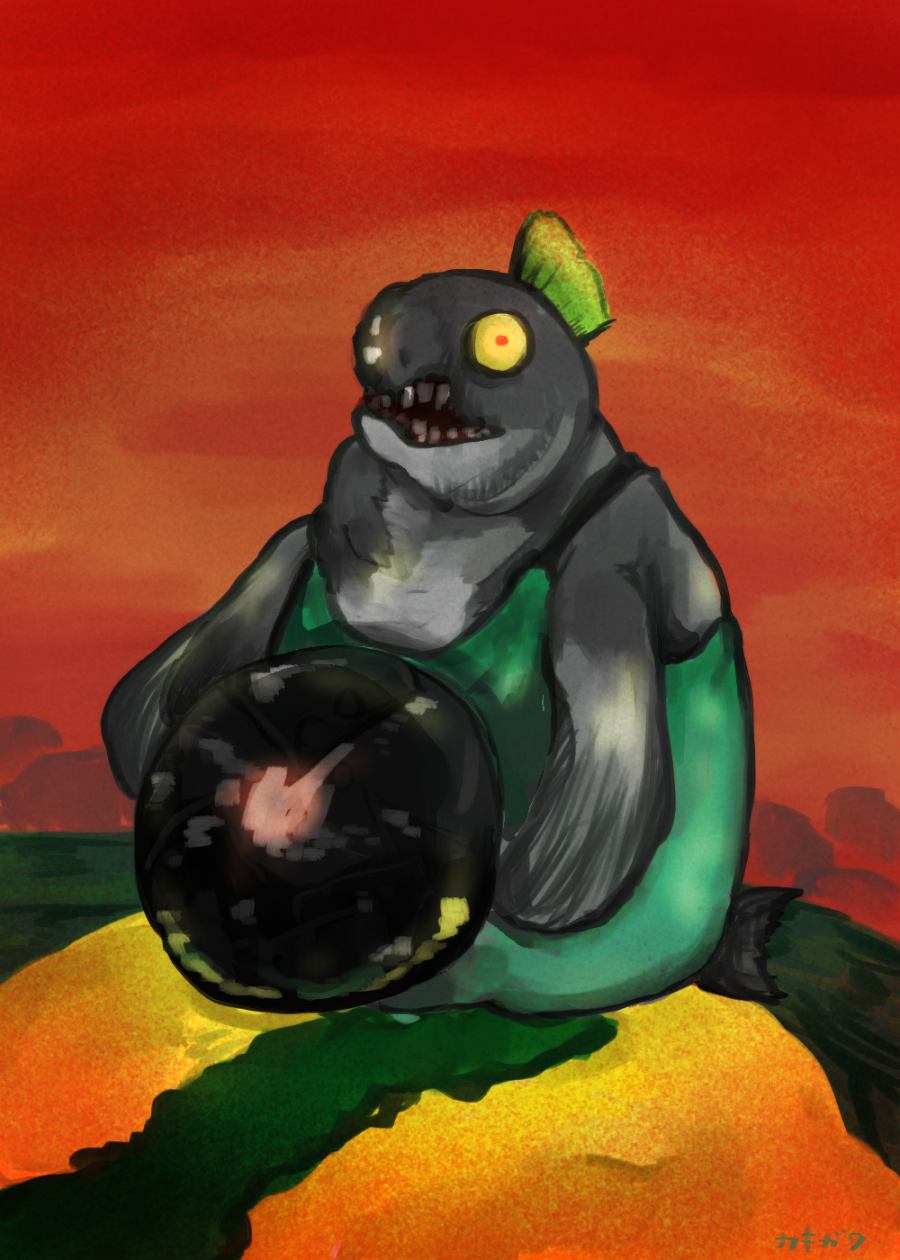animal, animal_focus, aqua_overalls, artist_name, big_shot_(splatoon), cannonball, clothed_animal, colored_sclera, commentary_request, ebifurai_kakigwa, fish, full_body, green_hair, highres, holding, looking_at_viewer, mohawk, no_humans, open_mouth, outdoors, red_eyes, red_sky, salmon_run_(splatoon), short_hair, signature, sky, solo, splatoon_(series), teeth, yellow_sclera