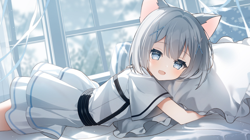 1girl, animal_ears, belt, black_belt, blue_eyes, cat_ears, commission, frilled_pillow, frills, grey_hair, hair_ornament, highres, layered_skirt, looking_at_viewer, lying, norn_(norncoco), on_bed, on_stomach, open_mouth, original, pillow, shirt, short_hair, short_sleeves, skeb_commission, skirt, smile, solo, white_shirt, white_skirt, window, x_hair_ornament